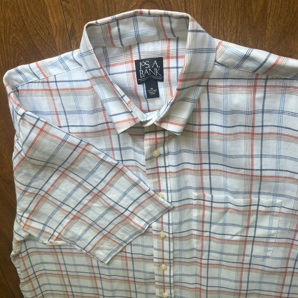 Jos. A. Bank Travelers Collection Linen Shirt Mens XL Plaid Short Sleeve